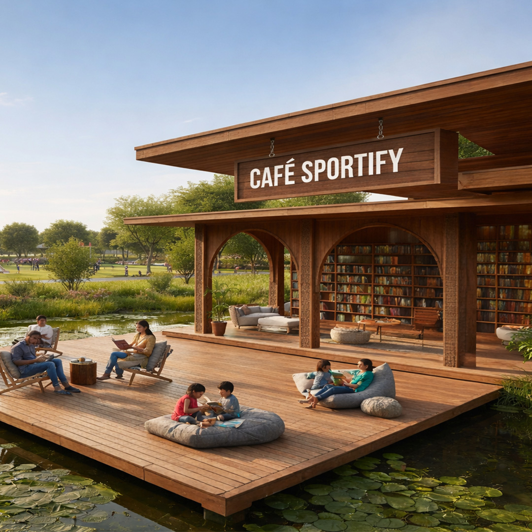 Cozy outdoor wood-and-glass café pavilion surrounded by greenery and sea view