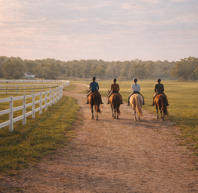 Group horseback riding across open natural landscape with mountains